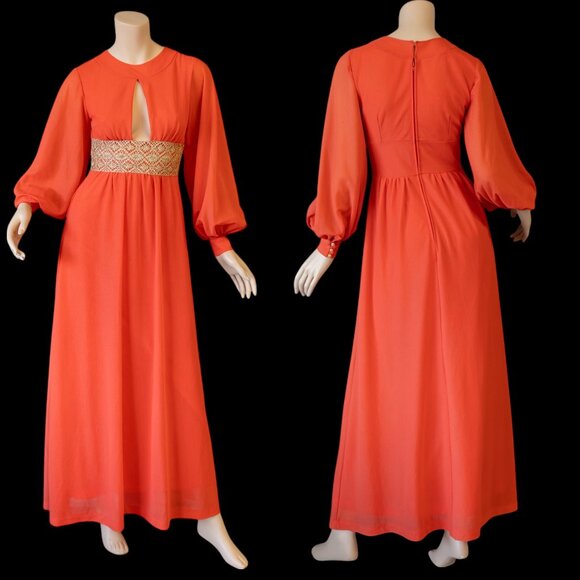 OSTI Vintage 70s Nylon Crepe Balloon Sleeve Coral Gown * Small - Picture 4 of 17